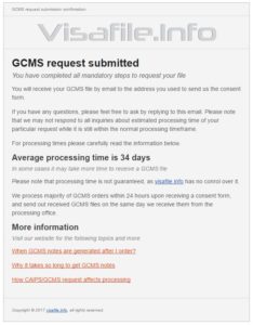 GCMS Notes visa file confirmação 34 dias em média para obter resposta